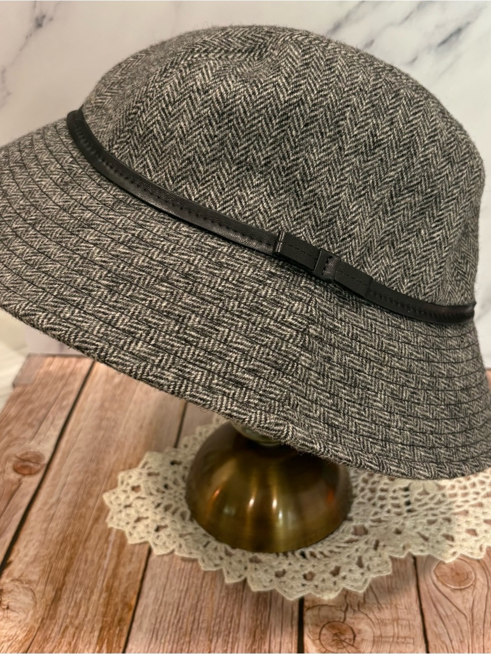 Vintage Coach Gray Herringbone Bucket Cloche Hat with Black Leather Trim